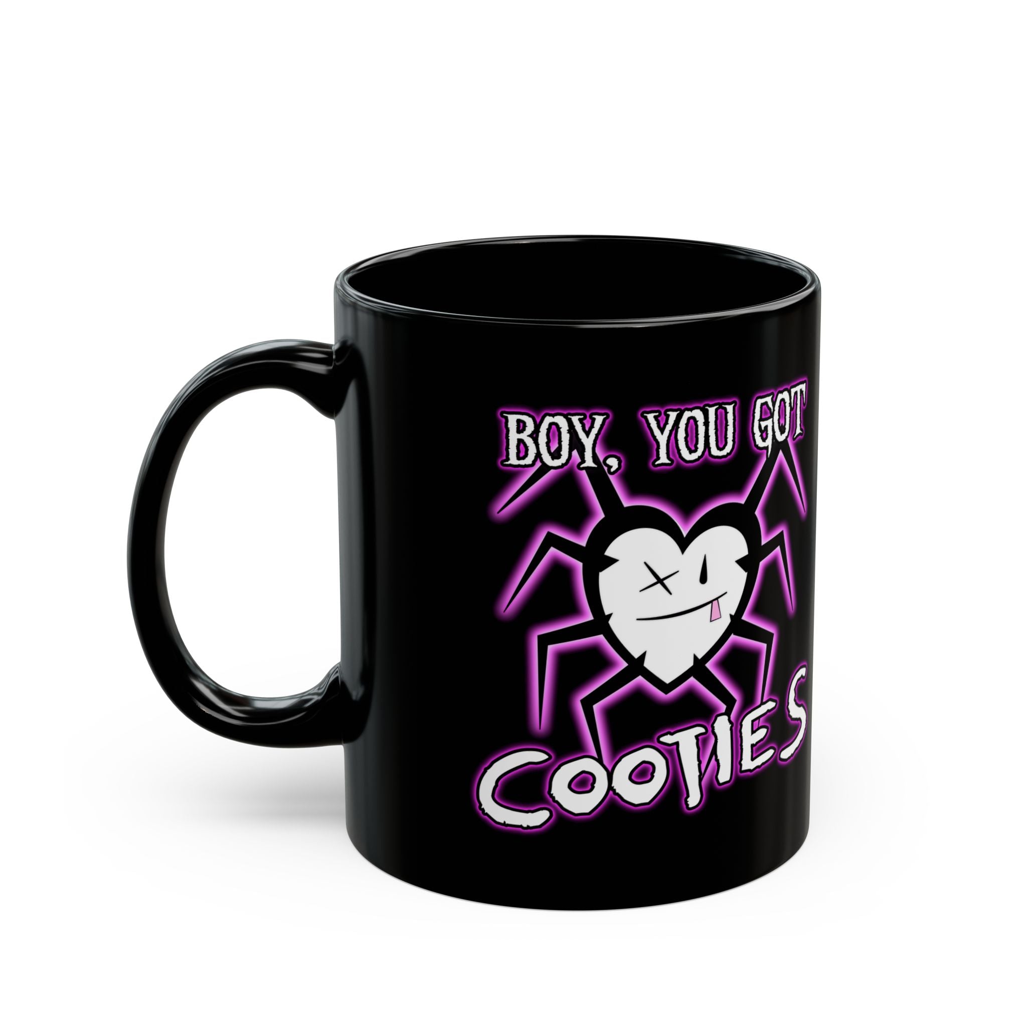 Boy, You Got Cooties Black Coffee Mug — Cute Gothic Spider Heart 11oz/15oz